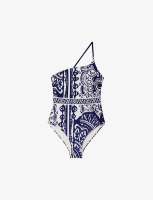 Reiss Navy/white Printed One-shoulder Swimsuit In Navy/white