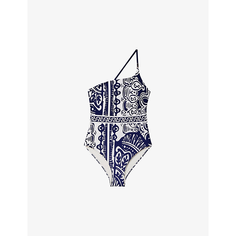 Shop Reiss Women's Navy/white Oliva One-shoulder Graphic-print Swimsuit