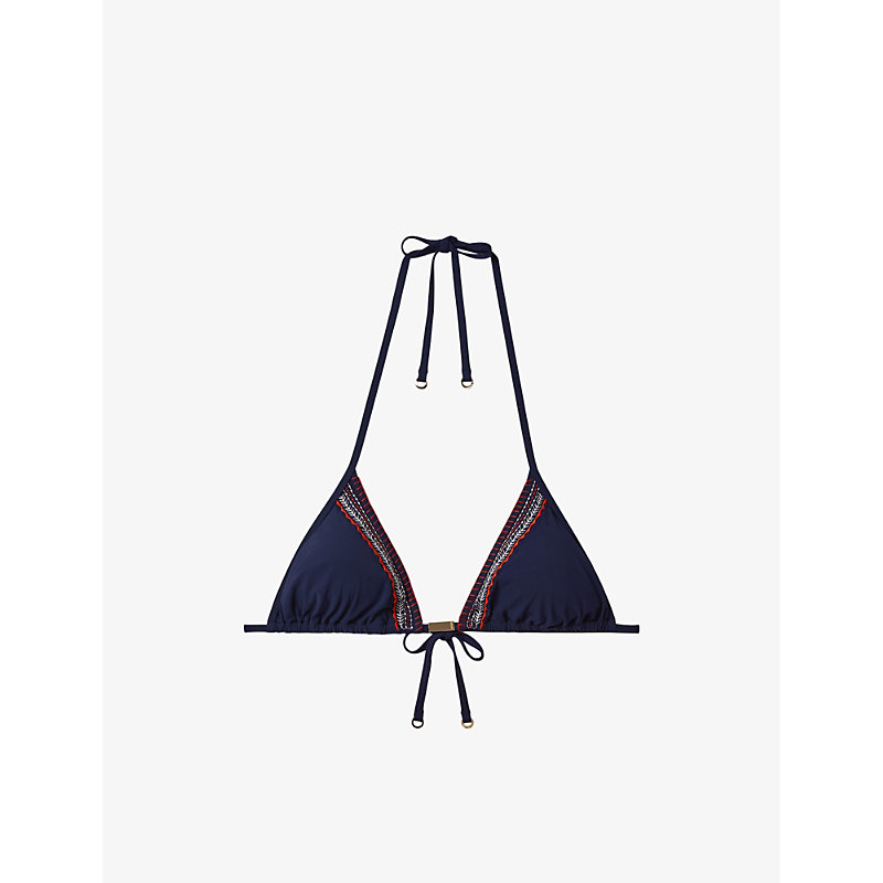 Reiss Marissa Embroidered Stretch-nylon Bikini Top In Navy/red