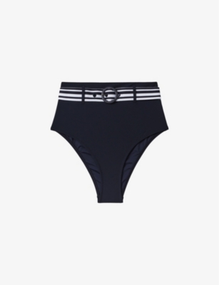 Reiss Jessica Stripe Belt High-waist Bikini Bottom In Navy/white