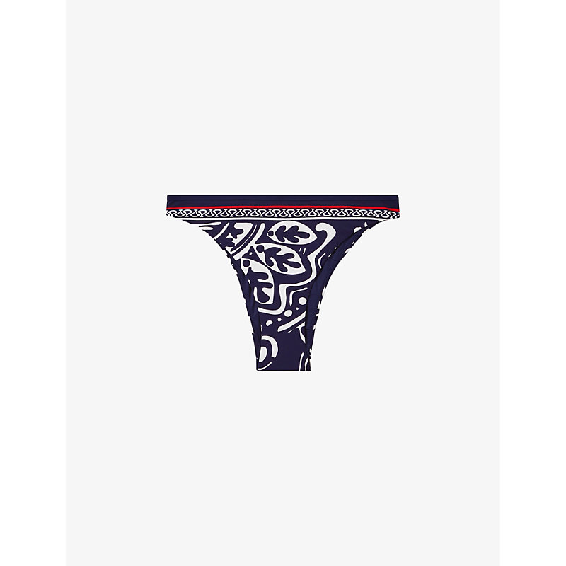 Reiss Mia Graphic-print Mid-rise Bikini Bottoms In Navy/red