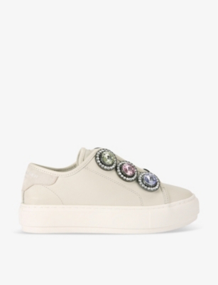 Shop Kurt Geiger London Women's Bone Laney Octavia Crystal-embellished Leather Low-top Trainers