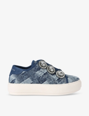 Shop Kurt Geiger London Womens Denim Laney Octavia Crystal-embellished Woven Low-top Trainers