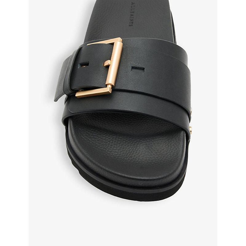 Shop Allsaints Women's Black Ellie Buckle-embellished Leather Sandals