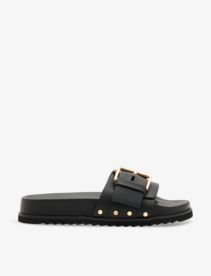 Shop Allsaints Womens Black Ellie Buckle-embellished Leather Sandals