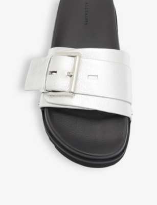 Shop Allsaints Ellie Buckle-embellished Metallic-leather Sandals In Metallic Silve