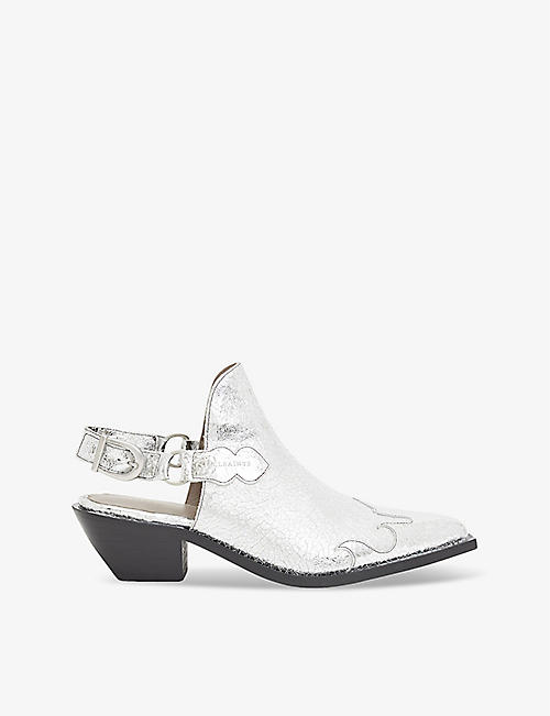 ALLSAINTS: Desola western metallic-leather heeled mules