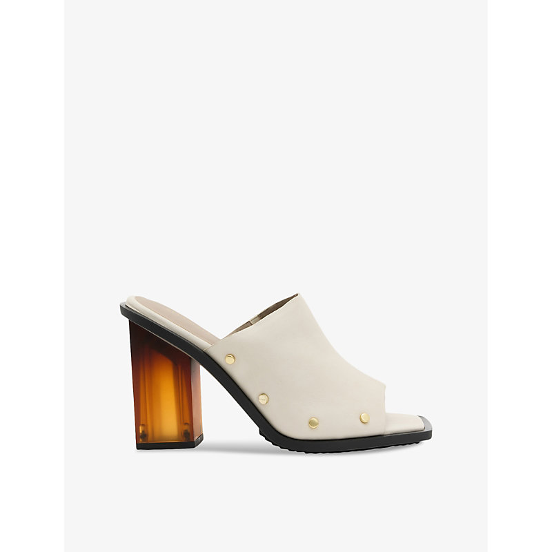 Allsaints Kelly Block Heel Leather Mules In Parchment White