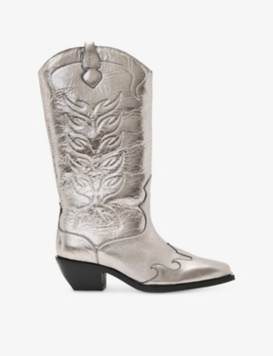 Allsaints Womens Gunmetal Grey Dolly Stitchwork Heeled Leather Western Boots Eur 36 / 3 Uk In Gray