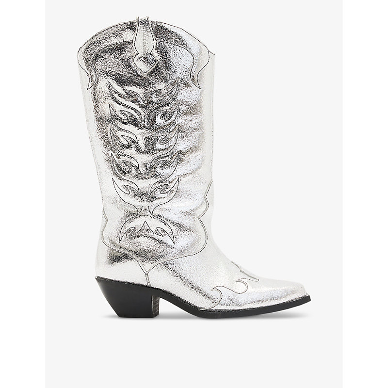 Shop Allsaints Dolly Stitchwork Heeled Leather Western Boots In Metallic Silve