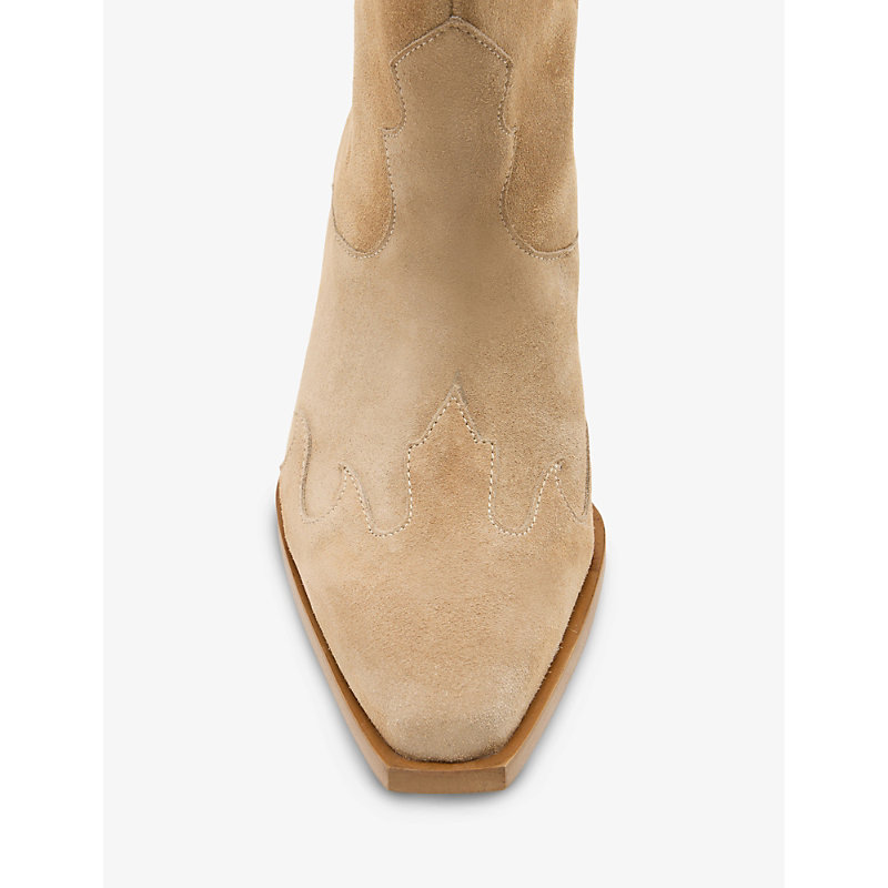 Shop Allsaints Dolly Western Embroidered Suede Knee-high Heeled Boots In Oak Beige