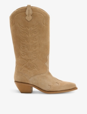 Allsaints Womens Oak Beige Dolly Western Embroidered Suede Knee-high Heeled Boots