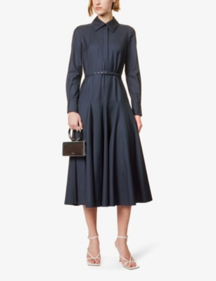 Shop Emilia Wickstead Marione Belted-waist Wool Midi Dress In Navy And Black