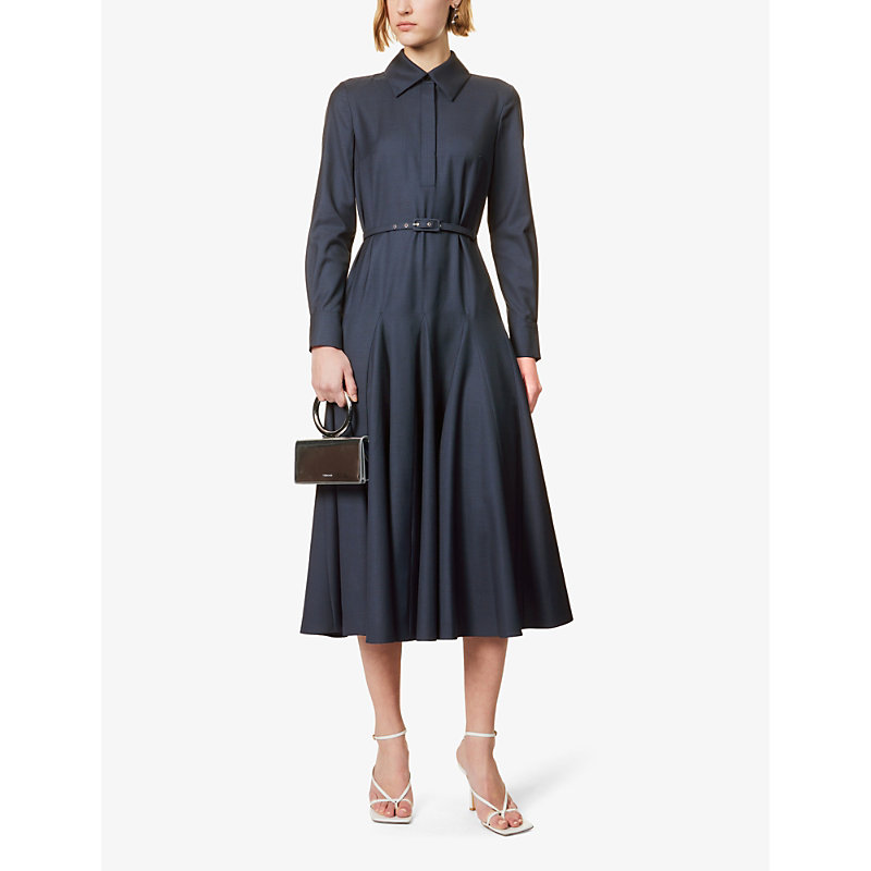 Shop Emilia Wickstead Women's Navy And Black Marione Belted-waist Wool Midi Dress