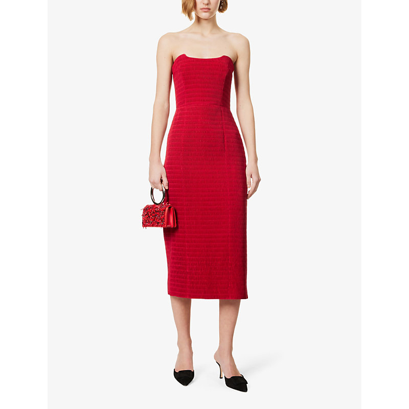 Shop Emilia Wickstead Womens Dark Red Ryder Strapless Woven Midi Dress