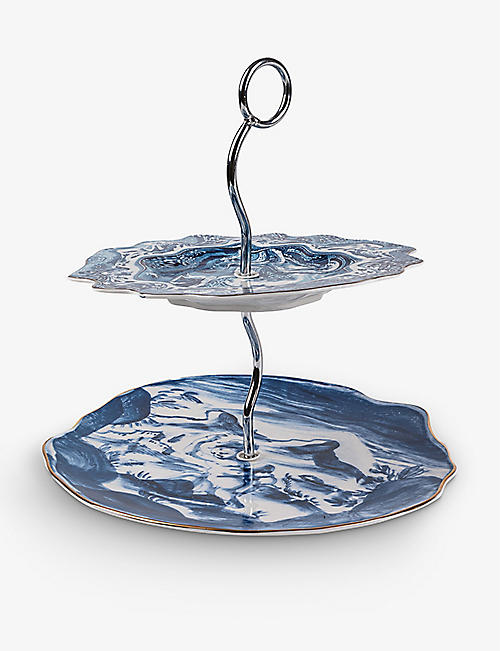 SELETTI: Acid graphic-pattern distorted porcelain cake stand 28cm