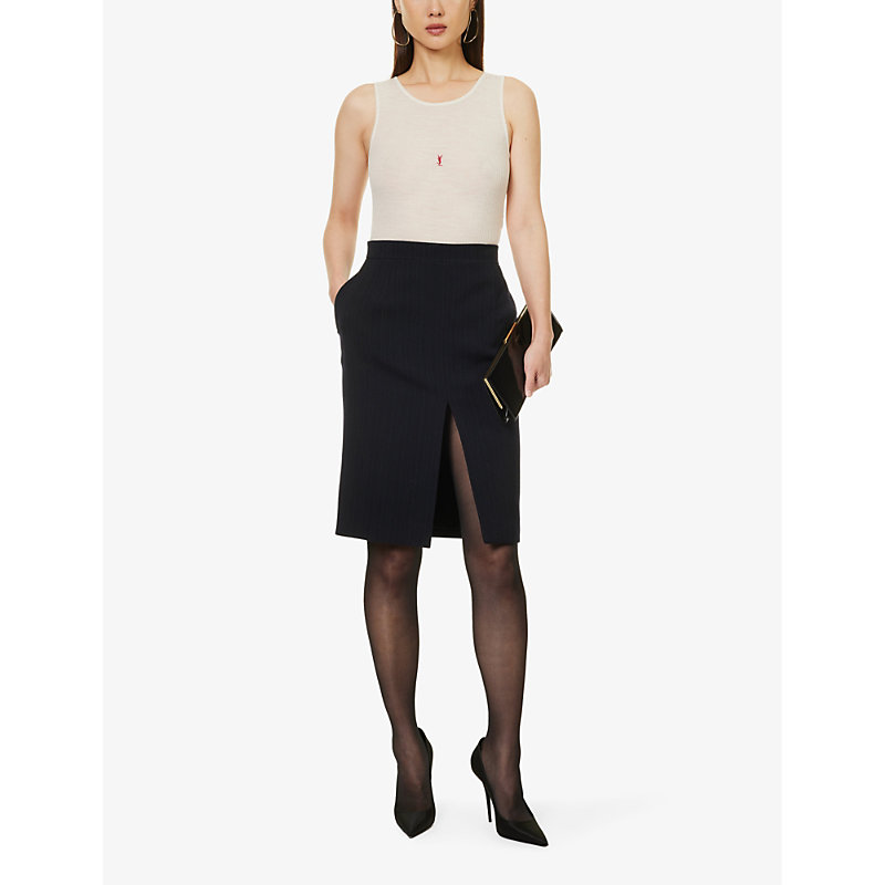 Shop Saint Laurent Women's Marine Fonce Gris Mid-rise Split-hem Wool-blend Midi Skirt