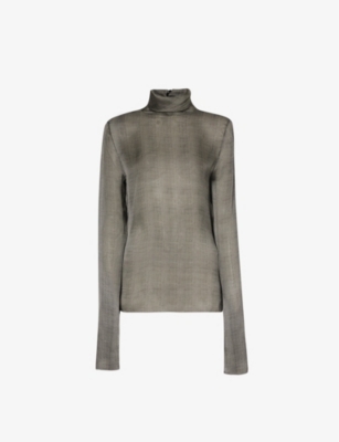 Saint Laurent Sheer Plaid High Neck Blouse In Multi-coloured