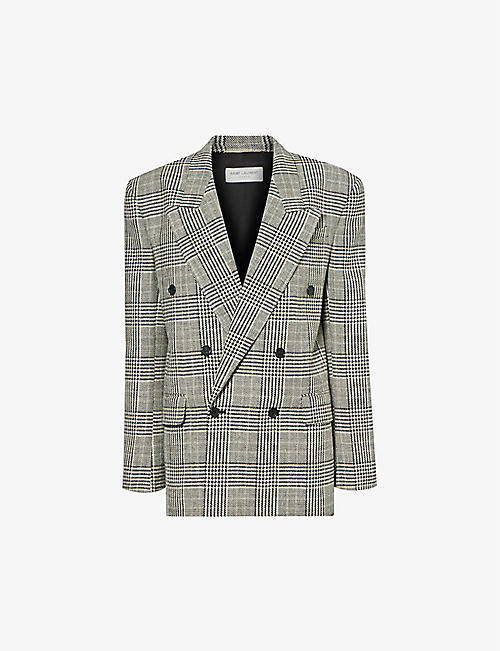 SAINT LAURENT: Padded-shoulder double-breasted checked wool blazer