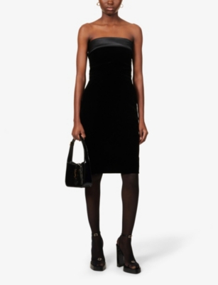 Shop Saint Laurent Women's Noir Slim-fit Straight-neck Velvet Mini Dress