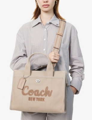 Shop Coach Logo-embroidered Detachable-strap Canvas Tote Bag In Lh/dark Natural