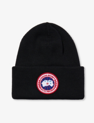 Canada Goose Mens Black Arctic Disc Ribbed Wool Beanie Hat