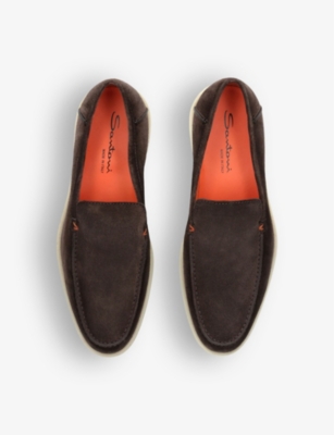 Shop Santoni Mens Dark Brown Detroit Contrast-sole Suede Loafers