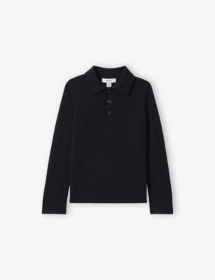 Shop Reiss Boys Navy Kids Trafford Long-sleeve Collared Wool Jumper 3-14 Years