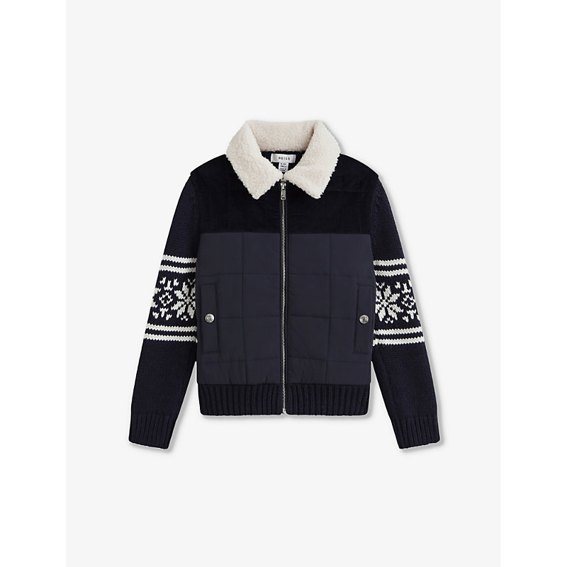 REISS REISS BOYS NAVY KIDS ALPINE FAIR-ISLE QUILTED KNITTED COAT 3-14 YEARS