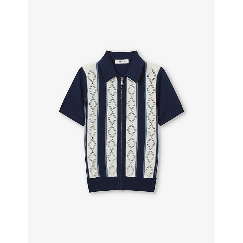 Shop Reiss Boys Navy/white Kids Selwood Zip-through Knit Shirt 3-13 Years