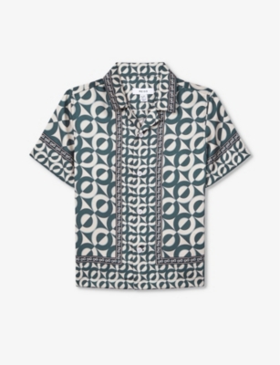 Shop Reiss Boys Hunting Green Kids Prentice Geometric-print Woven Shirt 3-14 Years
