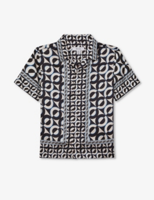 Shop Reiss Prentice Geometric-print Woven Shirt 3-14 Years In Lapis Blue
