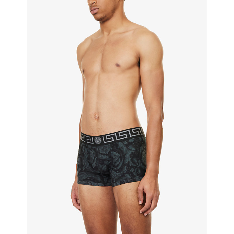 Shop Versace Mens Black+grey Branded-waistband Stretch-cotton Trunks