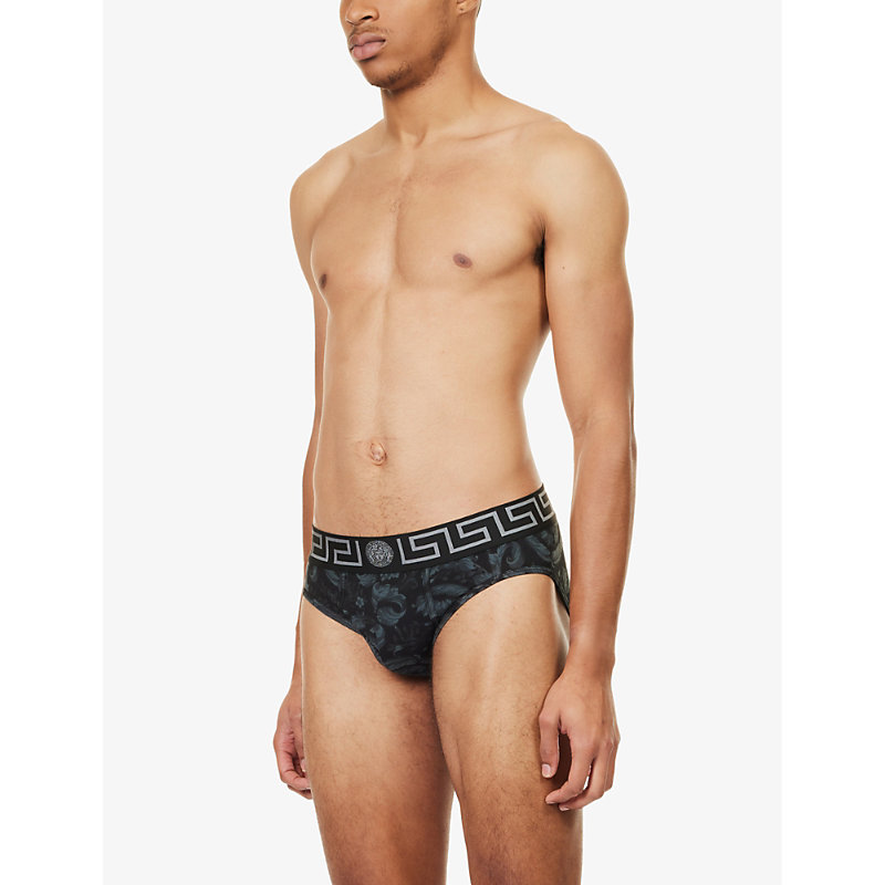 Shop Versace Men's Black+grey Branded-waistband Stretch-cotton Briefs