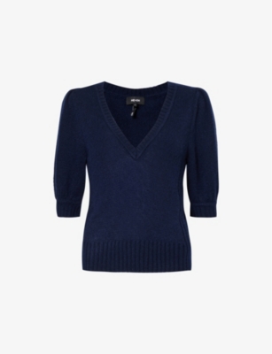 Me And Em Womens Ink Blue V-neck Brushed-texture Wool, Cashmere And Silk-blend Top