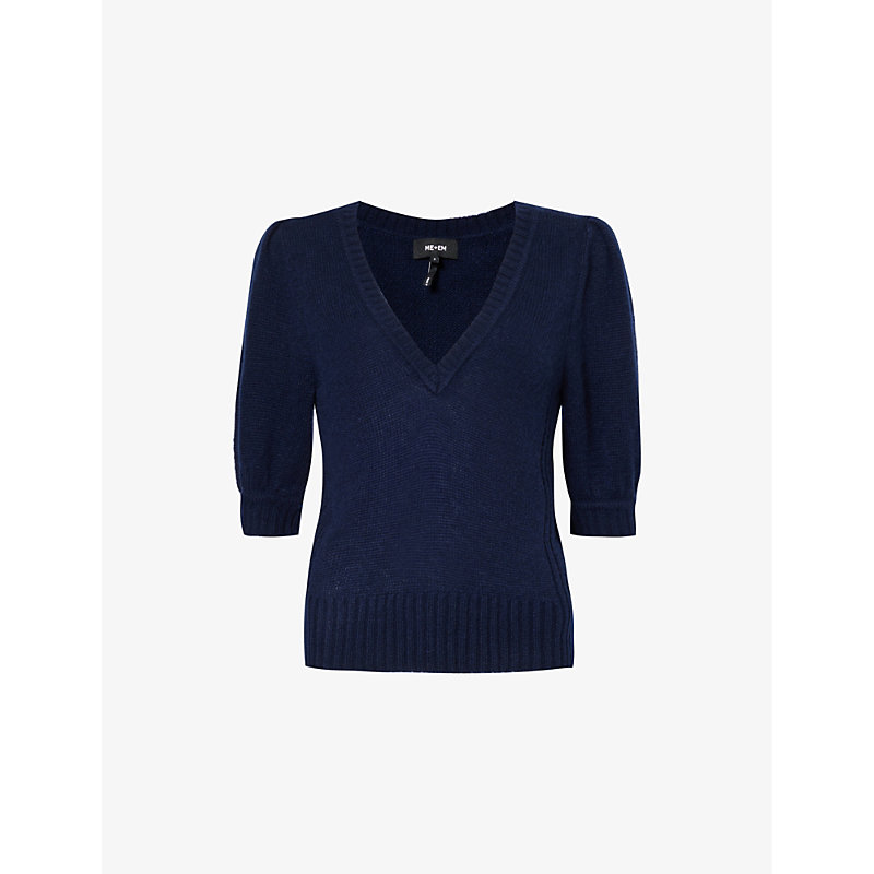 Me And Em Women's Ink Blue V-neck Brushed-texture Wool, Cashmere And Silk-blend Top