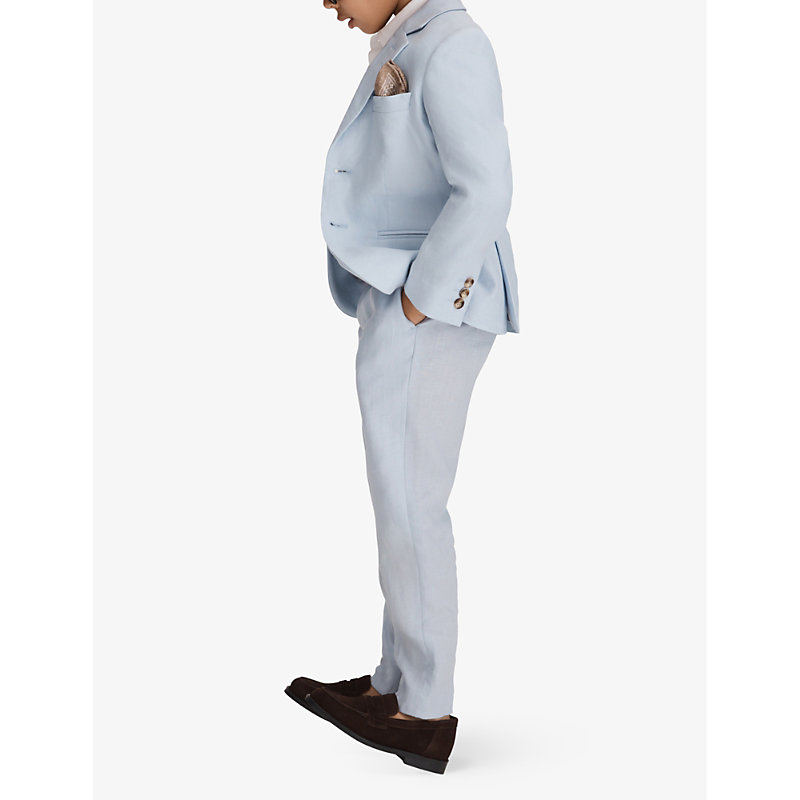 Shop Reiss Boys Soft Blue Kids Kin Slim-fit Adjustable Linen Trousers 3-9 Years
