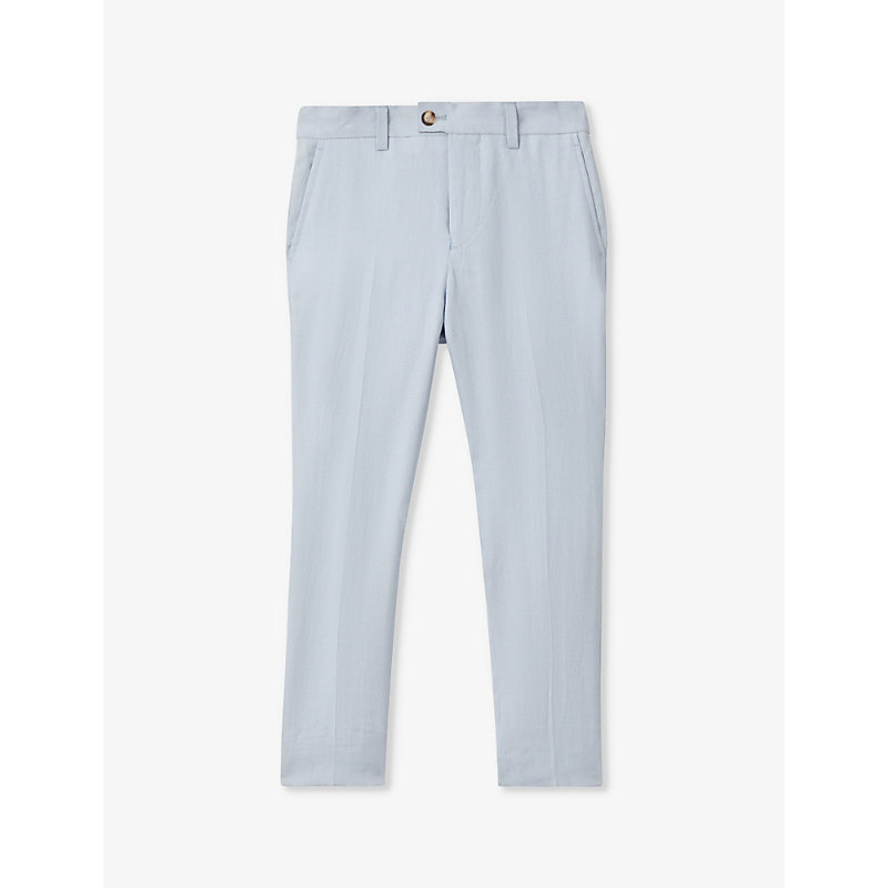 Shop Reiss Boys Soft Blue Kids Kin Slim-fit Adjustable Linen Trousers 3-9 Years