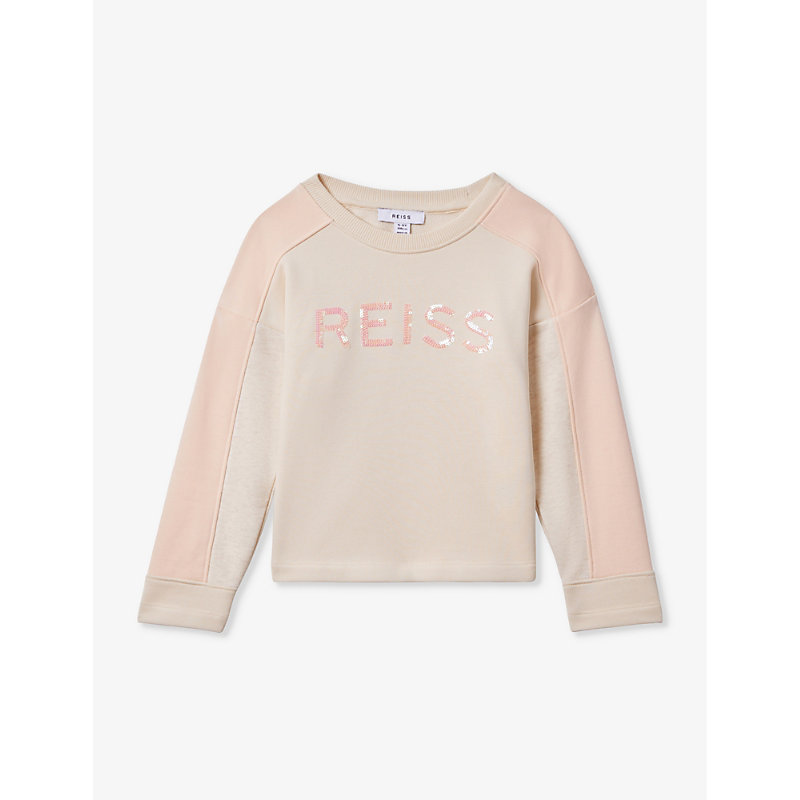 Reiss Girls Pink Kids Ivy Sequin-embellished Raglan-sleeve Cotton-jersey Sweatshirt 4-14 Years