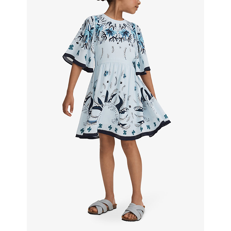 Shop Reiss Girls Blue Kids Ania Graphic-print Flared-skirt Woven Mini Dress 4-14 Years