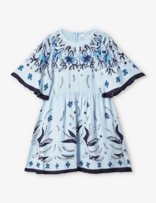 Shop Reiss Girls Blue Kids Ania Graphic-print Flared-skirt Woven Mini Dress 4-14 Years