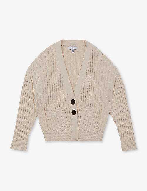 REISS: Anabelle patch-pocket ribbed stretch-knit cardigan 4-9 years