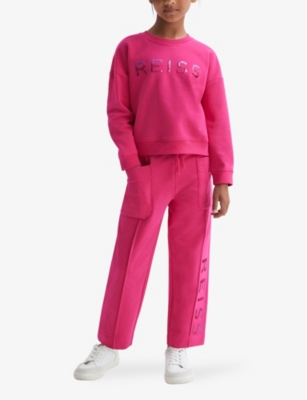Shop Reiss Girls Bright Pink Kids Nina Logo-embroidered Long-sleeve Cotton-jersey Sweatshirt 4-14 Years