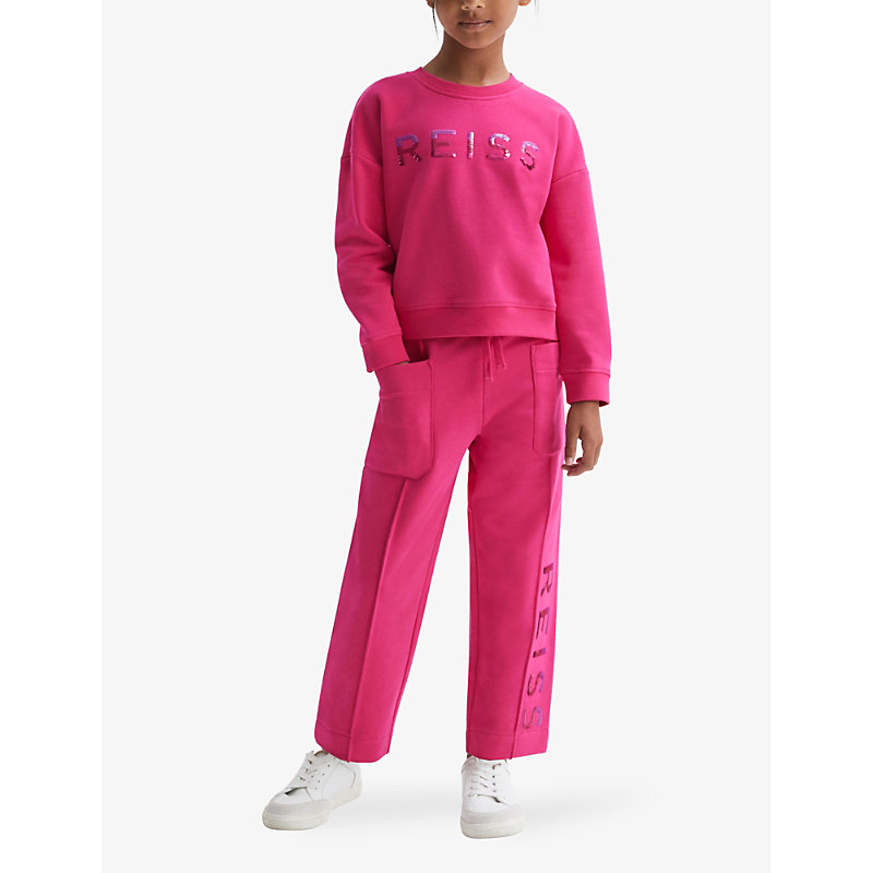 Shop Reiss Girls Bright Pink Kids Nina Logo-embroidered Long-sleeve Cotton-jersey Sweatshirt 4-14 Years