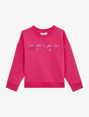 Reiss Girls Bright Pink Kids Nina Logo-embroidered Long-sleeve Cotton-jersey Sweatshirt 4-14 Years