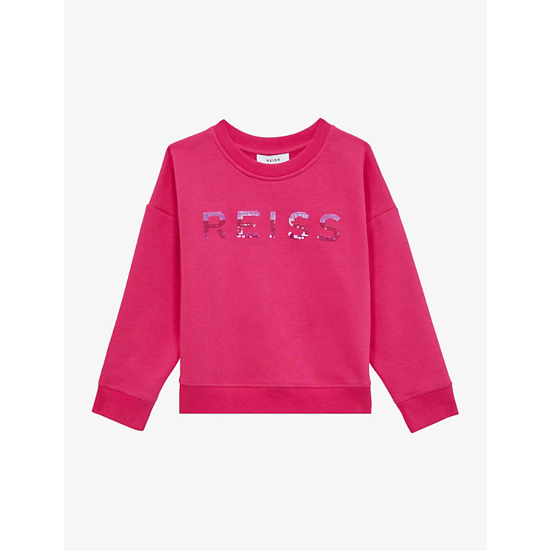 Reiss Girls Bright Pink Kids Nina Logo-embroidered Long-sleeve Cotton-jersey Sweatshirt 4-14 Years