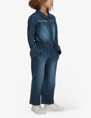Shop Reiss Girls Blue Kids Marine Embellished Denim Jumpsuit 4-13 Years