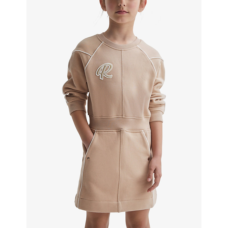Shop Reiss Girls Camel Kids Jona Logo-appliqué Cotton-blend Dress 4-14 Years In Brown