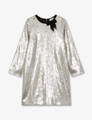 REISS REISS GIRLS SILVER KIDS LEON BOW-EMBELLISHED STRETCH-WOVEN MINI DRESS 4-9 YEARS