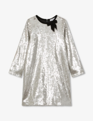 REISS REISS GIRLS SILVER KIDS LEON BOW-EMBELLISHED STRETCH-WOVEN MINI DRESS 9-14 YEARS